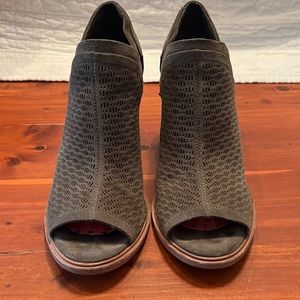 Olive green perforated  suede peep toe booties.